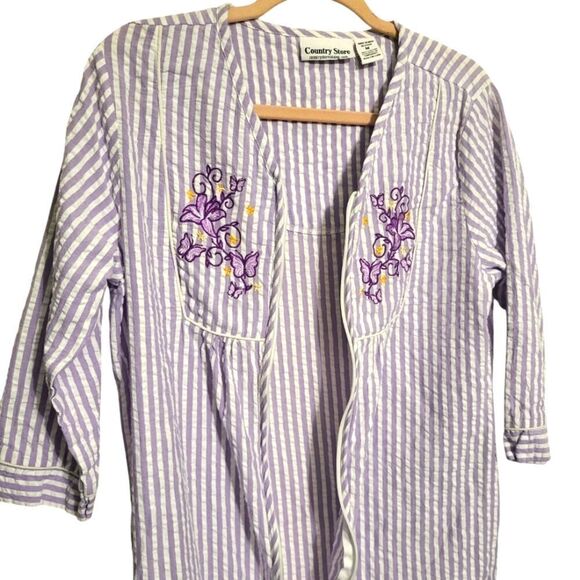 Country Store Purple Striped Floral Front Zip Cotton House Coat Robe Size M - Picture 3 of 11